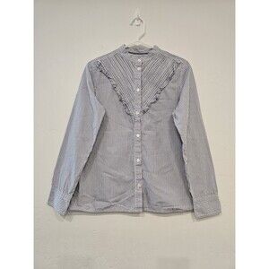 J. Crew Women's Ruffle Trim Cotton Poplin Button Up in Stripe Blue White Size 8